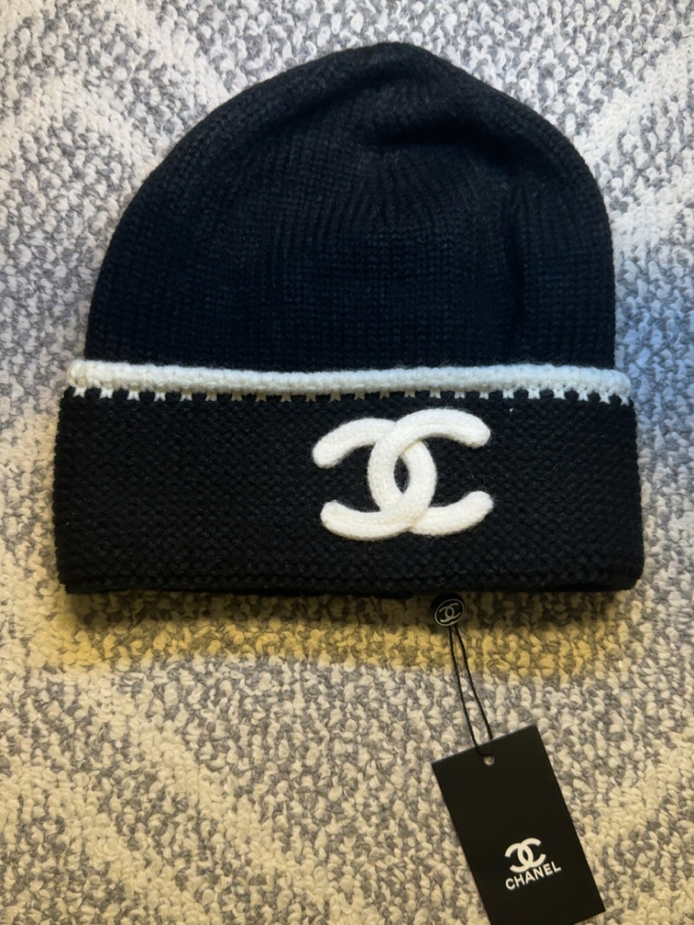 CHANEL Black and White Knit Logo Beanie